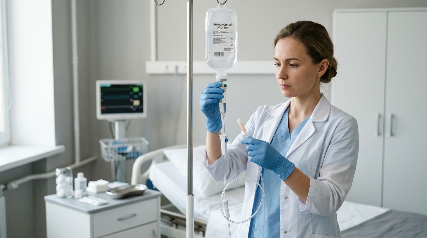 Улучшение кровообращения капельницами с Тренталом Врач готовит капельницу в процедурном кабинете